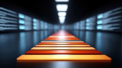 Futuristic Digital Pathway with Vibrant Gradient of Orange and Blue Rectangles in Dark Environment, Illuminated by Abstract Lighting Effects