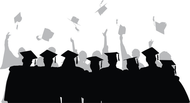 Commencement ceremony silhouette with students mortarboard throwing vector