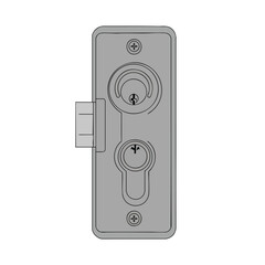 A rectangular, gray door lock with two keyholes and a protruding latch