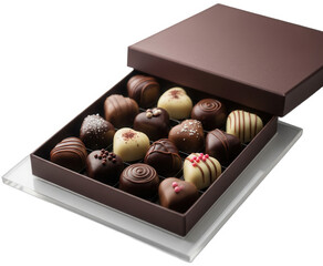 Box of assorted gourmet chocolate truffles on transparent background