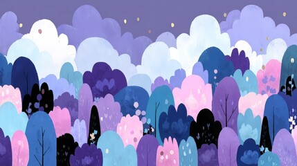 Colorful abstract landscape featuring a variety of trees and bushes under a twilight sky