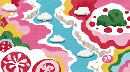 Colorful abstract landscape featuring candy-like elements and whimsical clouds in a vibrant setting