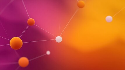 Abstract colorful molecular structure with floating spheres connected by lines against a vibrant gradient background in shades of orange and purple