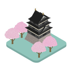 アイソメトリックイラスト：日本の城と桜