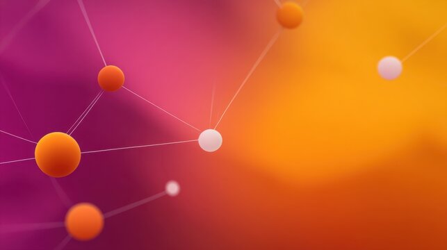 Abstract colorful molecular structure with floating spheres connected by lines against a vibrant gradient background in shades of orange and purple - Powered by Adobe