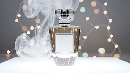 Elegant glass perfume bottle with luxurious gold accents and soft, ethereal smoke, set against a bokeh backdrop