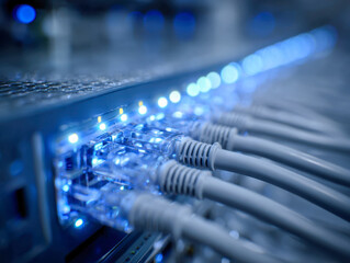 Network switch with multiple connected ethernet cables illuminated by blue indicator lights representing data communication in a modern data center setting