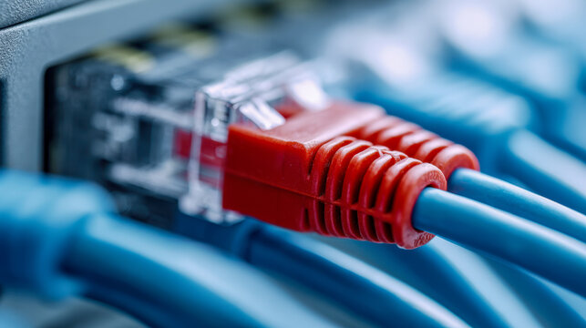 Ethernet cables plugged into a network switch with emphasis on red connector surrounded by blue cables in a technology data center or networking environment - Powered by Adobe