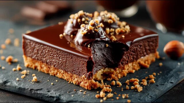 Close-up of a spoon breaking into a piece of decadent chocolate hazelnut mousse cake on a slate plate