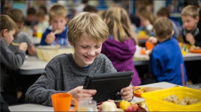 Blonde boy smiling and playing a game on a digital tablet computer in a busy school cafeteria
