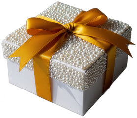 Luxurious white gift box meticulously decorated with countless pearls and a radiant golden satin bow isolated on transparent background
