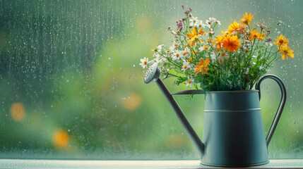 Orange flowers in watering can by window on rainy day