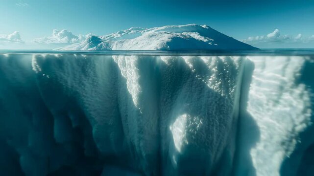 Massive iceberg floating in clear turquoise arctic water under bright blue sky with white clouds. Concept of global warming and environment