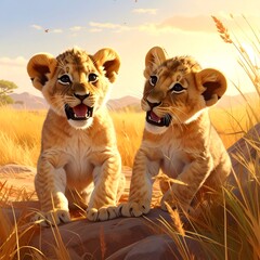 Two playful lion cubs in a golden savanna landscape