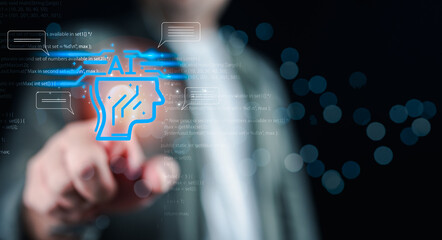 Man using technology generative AI for working tools. Chat with AI, using technology smart robot AI, artificial intelligence to generate something or Help solve work problems