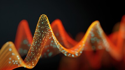 Abstract representation of colorful sound waves in motion showcasing vibrant red and orange hues with glowing blue dots against a dark background