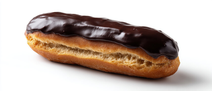 Chocolate eclair pastry dessert glaze icing sweet bakery snack gourmet treat Chocolate eclair pastry with glossy glaze white background, tempting and indulgent, highlighting texture, shine