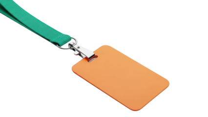 Blank orange identification badge with green lanyard and clip