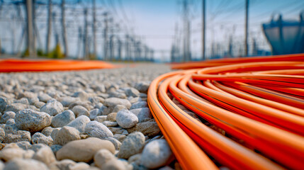 Vibrant orange electrical cables coiled on rocky ground at a high-voltage power substation with towering transmission towers in the background on a clear day