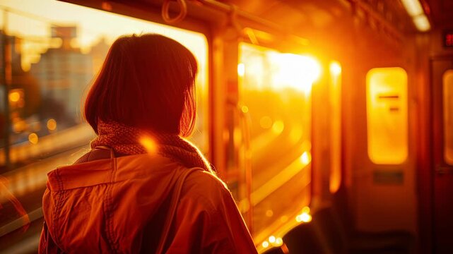 Back view of a woman with brown bob hair wearing an orange jacket and scarf looking out of a train window at sunset with warm bokeh