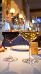 Two glasses of wine on a restaurant table