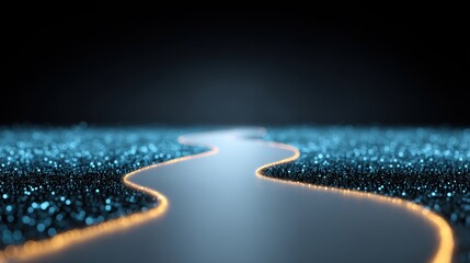 Abstract winding river with glowing particles creating a mesmerizing visual effect on a dark background, perfect for artistic and digital designs