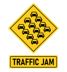 Traffic jam, queues likely on the road ahead. Yellow diamond shape road sign with symbol and text below