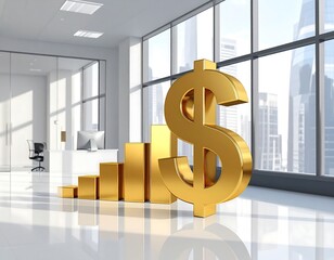 Modern office interior with gold dollar sign and rising graph