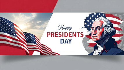 American flags and portrait of George Washington on Presidents Day banner president day 2026 America