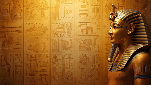 a golden yellow ancient egypt texture wallpaper background with a lot of empty blank copyspace. pharaoh in the right side
