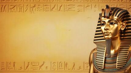 a golden yellow ancient egypt texture wallpaper background with a lot of empty blank copyspace. pharaoh in the right side
