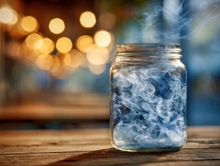 Transparent glass jar filled with swirling smoke placed on rustic wooden table with warm bokeh lights softly glowing in the blurred background