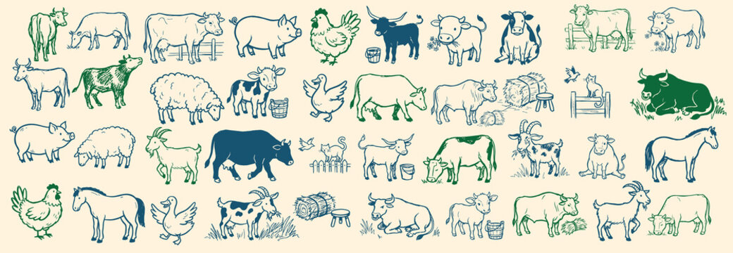 Line art hand drawn blue and green farm animals repeating pattern seamless banner with cow pig horse sketches landscape pasture