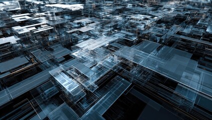 Abstract digital rendition of a complex architectural structure, transparent and futuristic