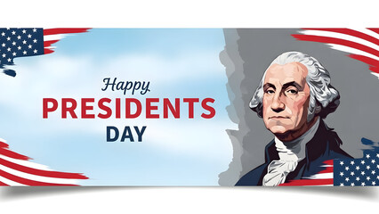 George Washington portrait on Presidents Day banner with American flags president day 2026 America