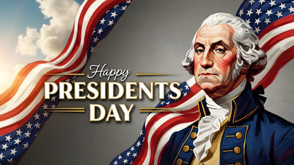 George Washington portrait with American flag and Presidents Day text president day 2026 America