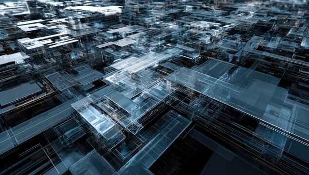 Abstract digital rendition of a complex architectural structure, transparent and futuristic
