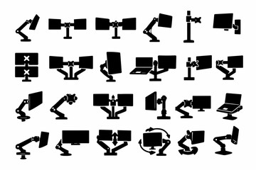 Fototapeta premium Various monitor arm silhouettes for dual screen setup and ergonomic workstations