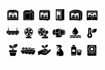 Hydroponics icons: indoor gardening tools for efficient plant growth