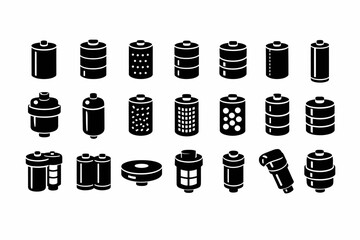 Set of various black and white battery icons illustrating different types and designs
