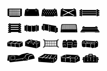 Set of black cargo box icons with various designs and shapes