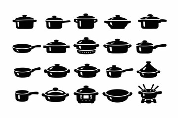 Various black silhouettes of cooking pots and pans in different shapes