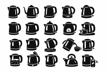 Collection of various electric kettle silhouettes in black and white