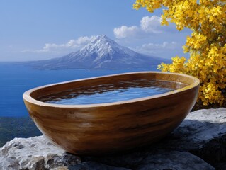 Serene wooden bowl filled with crystal-clear water, placed on rocky ledge overlooking tranquil lake and majestic snow-capped mountain under bright blue sky, evoking peace and relaxation