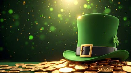 Lucky green top hat on pile of gold coins st patrick's day