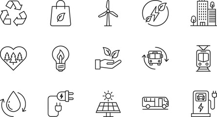 Professional linear vector icon set featuring renewable energy symbols wind turbines solar panels electric vehicle charging and sustainable public transportation for eco-friendly design. © MstBabli
