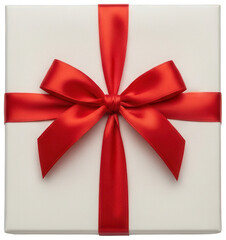 White gift box adorned with a vibrant red satin ribbon tied in a beautiful bow