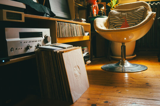 Vinyl collection and hi-fi in living room