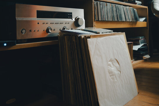Vinyl collection and hi-fi in living room