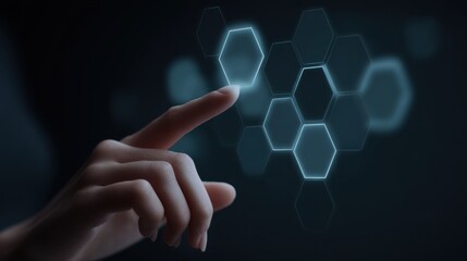 Close-up of a finger interacting with glowing hexagonal shapes in a digital environment suggesting technology, innovation, and modern interfaces